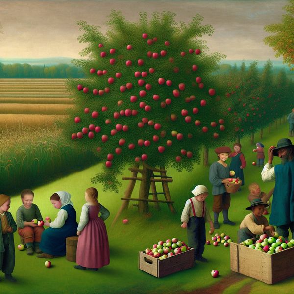 Gezellige Boerderij Oogst met Kinderen en Appelboom Een boerderij met een appelboom vol rijpe, rode appels, kinderen die appels plukken en een blije boer in traditionele kleding.
