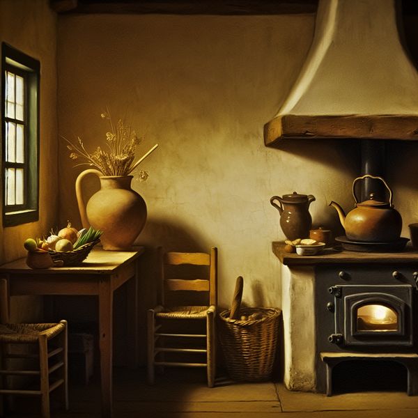 Rustieke boerderijkeuken met houten fornuis, aardewerken kruik en vers brood op tafel, in de stijl van Vermeer
