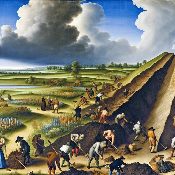 Boeren die aarde verplaatsen voor dijkbouw in een mooi landschap Boeren werken in een pittoresk landschap om aarde te verplaatsen voor de bouw van een dijk.