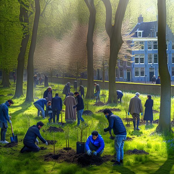 Bomen Planten Activiteit in een Groene Omgeving Een groep mensen in een park plant bomen, met een serene atmosfeer en bloeiende natuur.