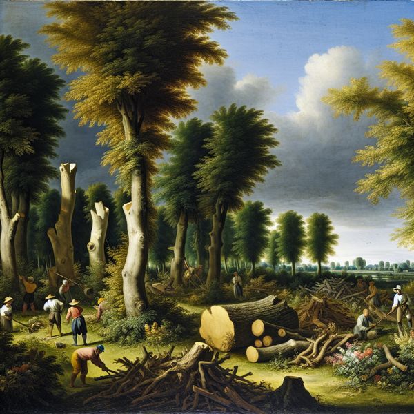 Oude bomen verwijderen in een parklandschap Werkers verwijderen oude bomen in een serene parklandschap met een dramatische lucht op de achtergrond