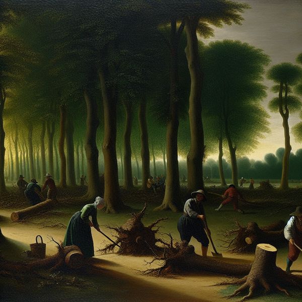 Bomen verwijderen in een serene park scène Een serene park scène bij schemering met arbeiders die oude bomen met zorg rooien, waarbij de nadruk ligt op de wortels.