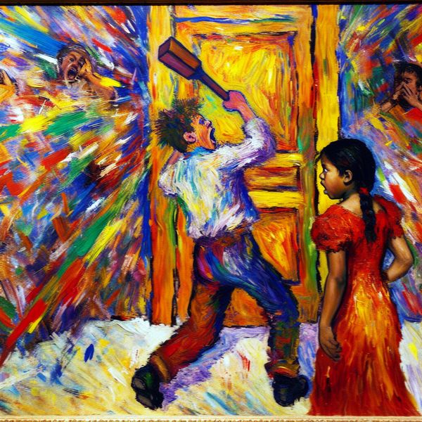 Bonken door Kinderen: Abstract Schilderij van Interactie Abstracte schilderij van kinderen die op een grote, kleurrijke houten deur bonken, met dynamische bewegingen en felle kleuren.