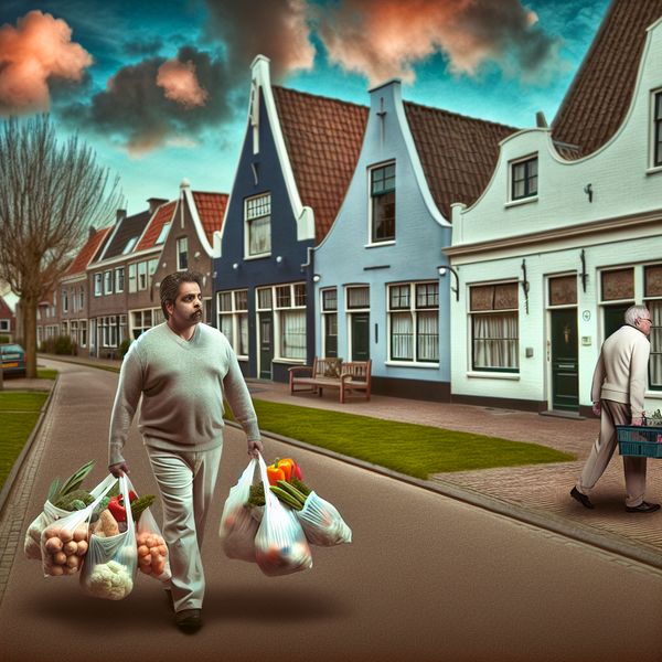 Boodschappen doen voor de buur in surrealistische stijl Persoon met boodschappen voor buur in surrealistische straat