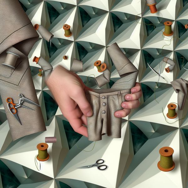Boorden van kleding leren: stap-voor-stap naaitechniek met surrealistisch ontwerp Surrealistische illustratie van handen die een broekzoom boorden met naald en draad, geïnspireerd op M.C. Escher met zwevende naai-accessoires