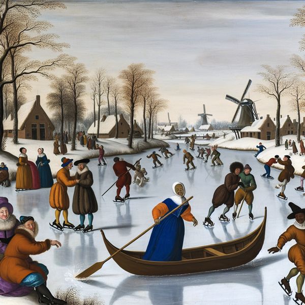 Boot besturen op bevroren kanaal: Nederlandse wintertaferel met schaatsers en vaarders Persoon bestuurt een houten boot met een lange vaarpaal op een bevroren kanaal in een levendige Nederlandse wintertaferel in de stijl van Hendrick Avercamp