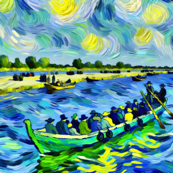 Schilderij in Van Gogh-stijl van een middelgrote boot met passagiers op een kalm meer, omringd door dynamische luchten en levendige kleuren