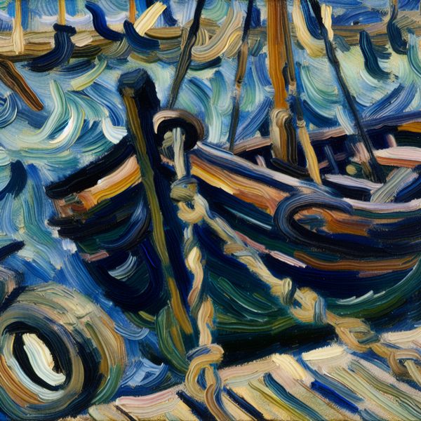 Boot vastleggen aan pier - abstracte kunsttaal voor taalstudenten Abstract expressionistisch schilderij van een boot die met dikke touwen aan een houten pier wordt vastgemaakt, met dynamische penseelstreken en levendige kleuren