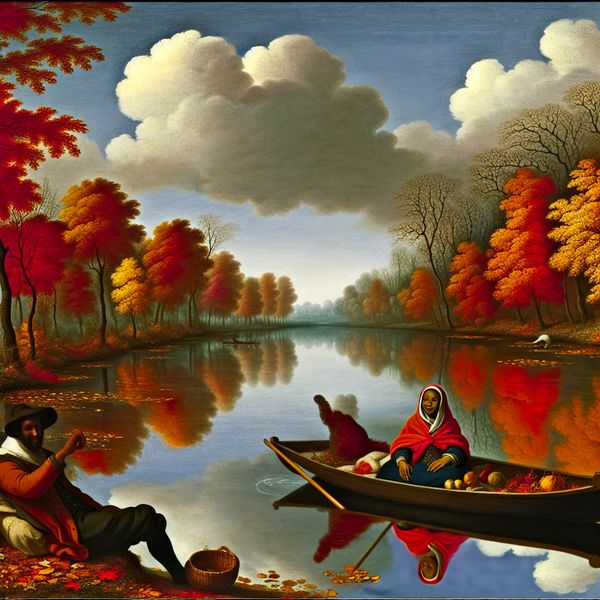 Bootochtend in de Herfst: Ontspanning op de Rivier Een stel genietend van een rustige boottocht op een kalme rivier omringd door herfstbladeren.