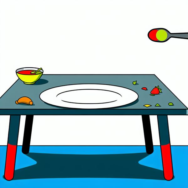 Minimalistische illustratie van een bijna leeg bord met enkele kruimels en een lege dessertkom, symboliserend het opeten van al het eten op een bord