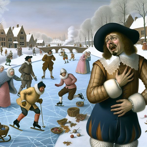 17e-eeuwse wintertafereel met schaatsers op bevroren gracht, man grijpt naar pijnlijke borststreek tussen hals en buik