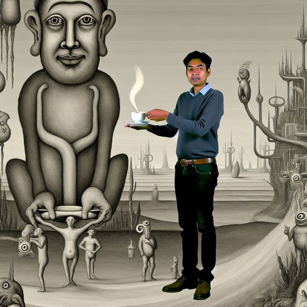 Person offers coffee in surreal Bosch landscape with creatures
