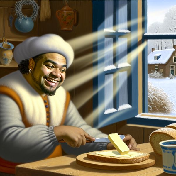 Boter op Brood Smeren in de Winterse Keuken Persoon smeert rijke, romige boter op een vers, krokant stuk brood in een gezellige winterkeuken.