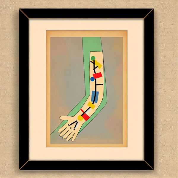 Minimalistische illustratie van een genezend gebroken bot in een arm met gips, symbolisch weergegeven met bruggetjes en stiksels voor botgenezing