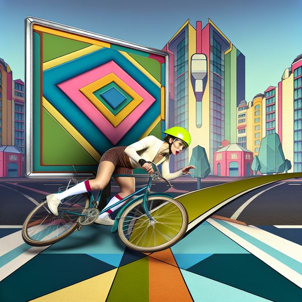 Botsende fietser in retro-futuristische stad Fietser die tijdens een botsing in een retro-futuristische stad tegen een levendig advertentiebord botst.