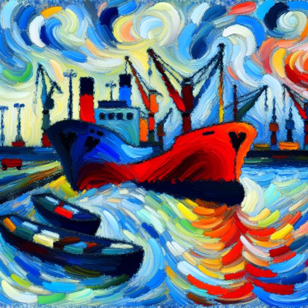 Botsing Tussen Vrachtboten in een Drukke Haven Abstracte afbeelding van twee vrachtboten die botsen in een drukke haven, weergegeven in felle kleuren zoals rood en blauw.