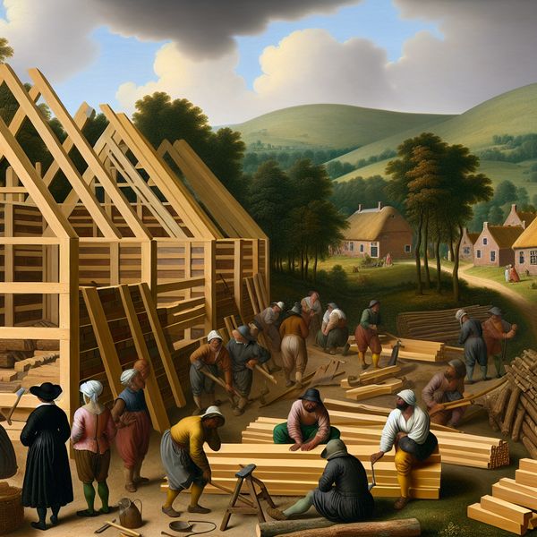17e-eeuwse Nederlandse landschapsschildering van arbeiders die een houten schuur bouwen met gereedschap en houtstapels, in de stijl van Jacob van Ruisdael