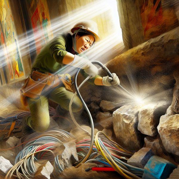 Een bouwarbeider snijdt een groef in een muur voor elektrische kabels op een bouwplaats, omringd door gereedschap en materialen.