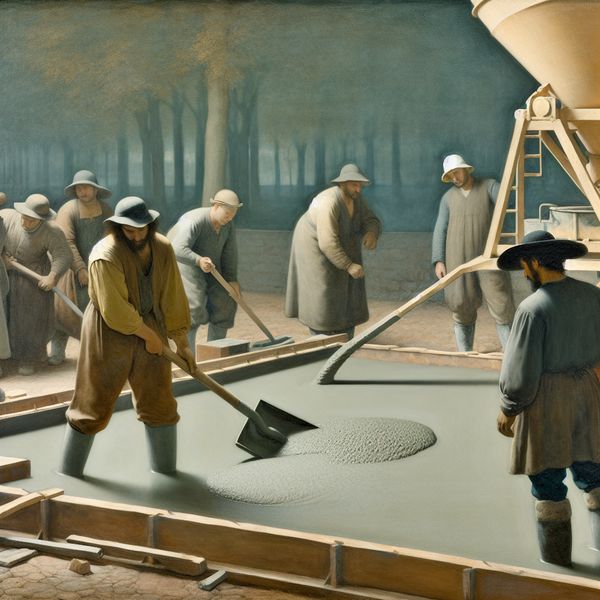 Werknemers gieten beton op een rustige bouwplaats Werknemers gieten natte beton in een mal op een serene bouwplaats