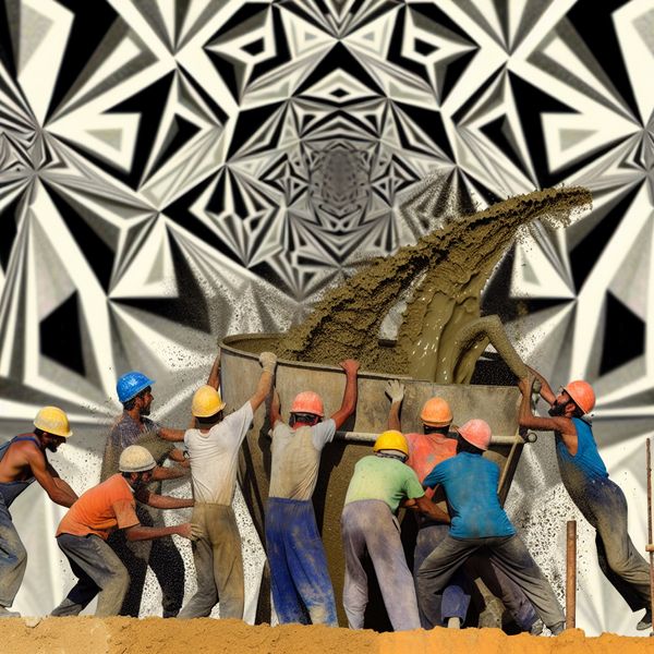 Afbeelding van een bouwplaats met arbeiders die actief beton storten in een grote mal, met een surrealistische achtergrond die lijkt op de stijl van M.C. Escher.