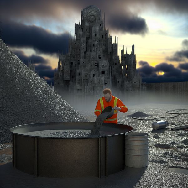 Hyper-realistisch Cement Mengproces op Bouwplaats Een hyper-realistisch beeld van een bouwplaats bij zonsopgang met een arbeidskracht die cement in poedervorm mengt met water.