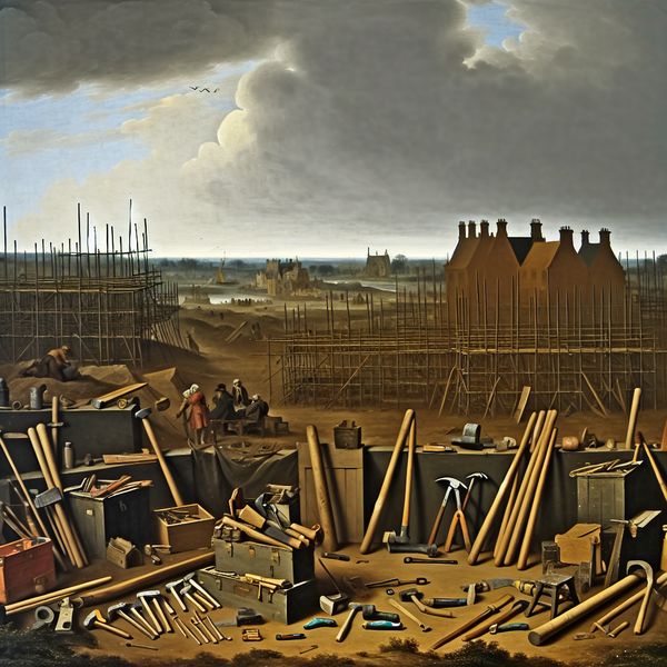 Bouwplaats met Gereedschap voor Huisrenovatie Een gedetailleerd uitzicht op een bouwplaats met gereedschap zoals hamers en zagen, omgeven door een dramatische lucht.