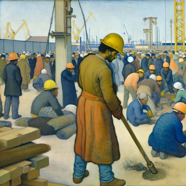 Een bouwvakker met een veiligheidshelm op een druk bouwterrein, wat het belang van veiligheidsmaatregelen in gevaarlijke omgevingen benadrukt.