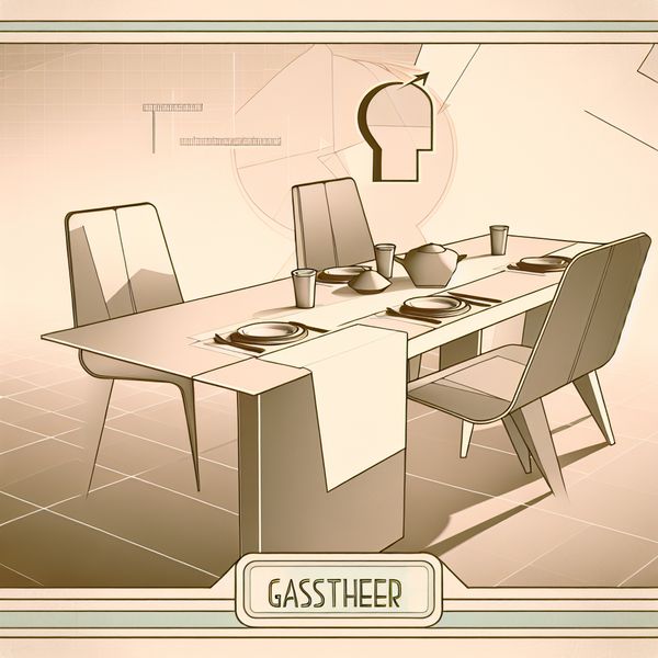 Minimalistische eettafel met nadruk op de bovenkant of hoofdpositie waar de gastheer zit, retro-futuristische illustratie