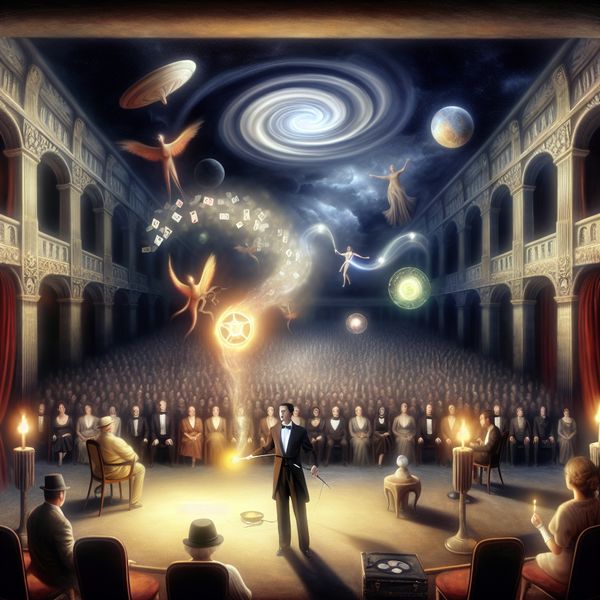 Bovennatuurlijke magie op het toneel: surrealistische voorstelling met magiër en zwevende objecten Hyperrealistische surrealistische theatervoorstelling met een magiër die een gloeiende toverstaf vasthoudt, omringd door zwevende bovennatuurlijke objecten en een gefascineerd publiek in vintage kleding