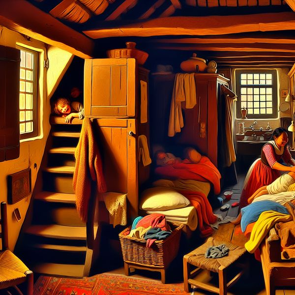 Gezellige bovenverdieping van een Nederlands huis in de stijl van Jan Steen, waar een ouder kinderen instopt terwijl zonlicht door het raam schijnt