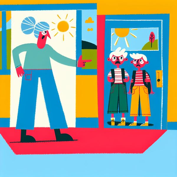 Een geïllustreerde afbeelding van een boze ouder in de deuropening van een huis, die kinderen vraagt om te vertrekken.