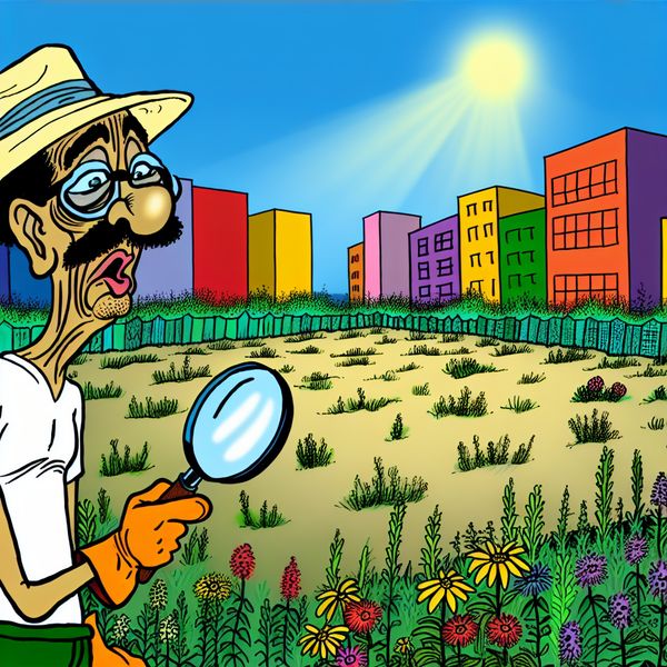 Humoristische cartoon over braakliggend terrein met potentieel Cartoon afbeelding van een puzzelende figuur met tuinhandschoenen, die met een vergrootglas naar onbebouwd terrein kijkt
