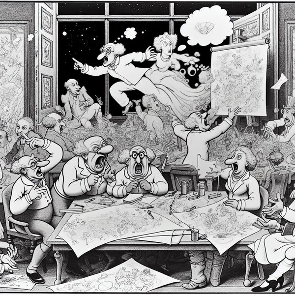 Briljante brainstormsessie in een levendig kantoor Een kleurrijke cartoonillustratie van een brainstormsessie in een levendige kantoorruimte met diverse personages die ideeën bespreken.