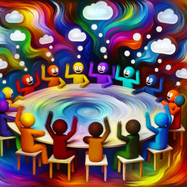 Dynamische brainstormsessie met kleurrijke figuren Abstracte voorstelling van diverse, kleurrijke figuren die brainstormen rondom een grote, ronde tafel vol ideeën.