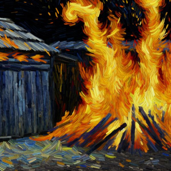 Dramatische schilderij in Van Gogh-stijl van een oude houten schuur die volledig in vlammen staat, met intense vuurtongen en rondvliegende vonken tegen een donkere nachthemel