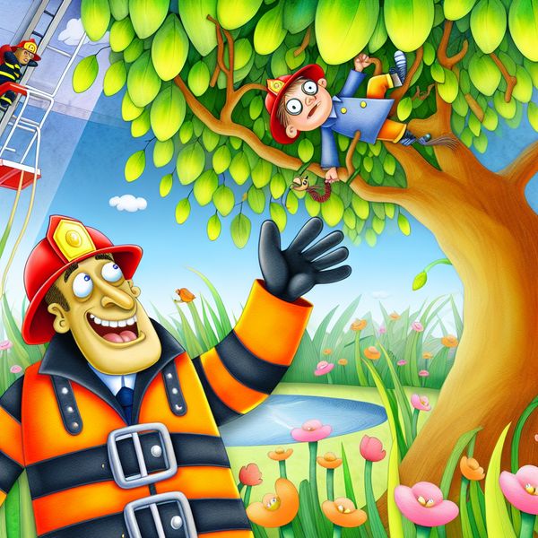 Cartoonachtige afbeelding van een brandweerman die een kind uit een boom redt
