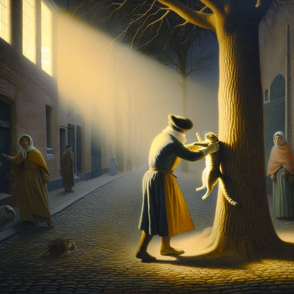 Brandweerman bevrijdt kat uit boom - taalkundige illustratie van 'vrijlaten' Brandweerman redt een bange kat uit een hoge boom in een rustige straat, sfeervol geschilderd in de stijl van Vermeer