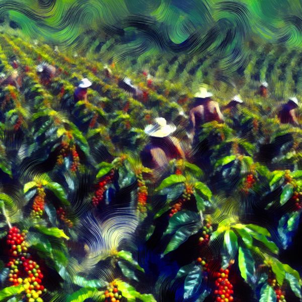 Landschap van een Braziliaanse koffieplantage in abstract expressionisme Abstract expressionistisch schilderij van een Braziliaanse koffieplantage met groene koffieplanten en boeren die werken onder de zon.