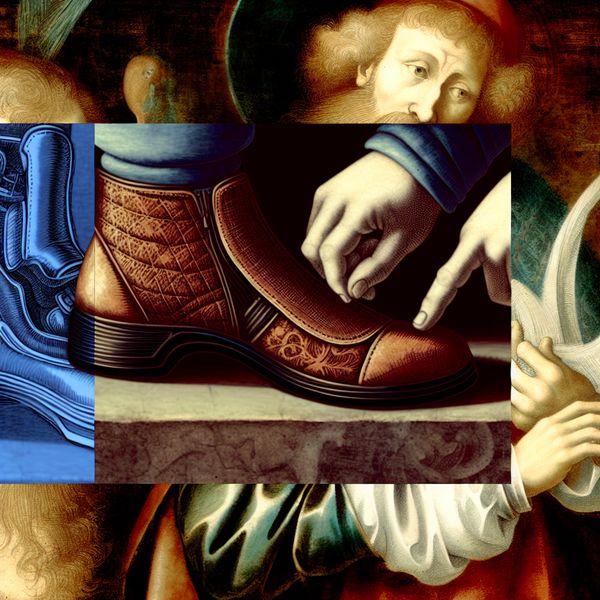 Brede versus smalle teenbox in schoenen: comfort en pasvorm voor gezonde voeten Barokke illustratie van voeten die schoenen passen met een brede en smalle teenbox, toont comfort versus ongemak