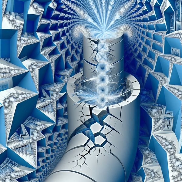 Surrealistische voorstelling van een bevroren waterleiding die barst door extreme kou, met geometrische patronen en fractale ijsstructuren in de stijl van M.C. Escher