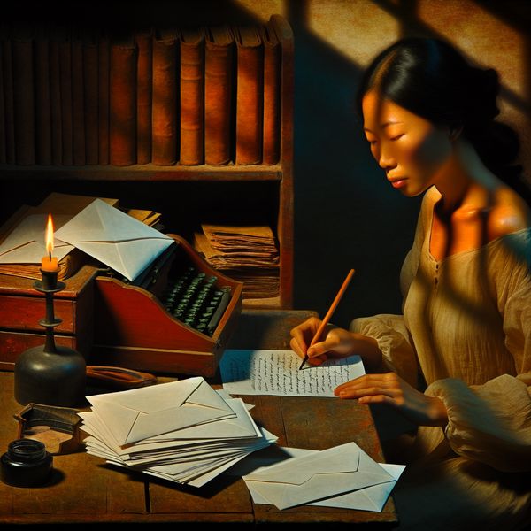 Een persoon die gefocust een brief schrijft op een houten bureau in een sfeervolle kamer, met kaarslicht en boeken op de achtergrond