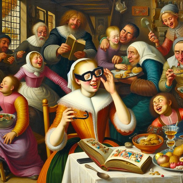 Gezellig familiegevoel met een bril in een Nederlandse huiskamer Jongeman met een bril die naar een levendig boek kijkt aan een tafel vol familie in een gezellige Nederlandse woning