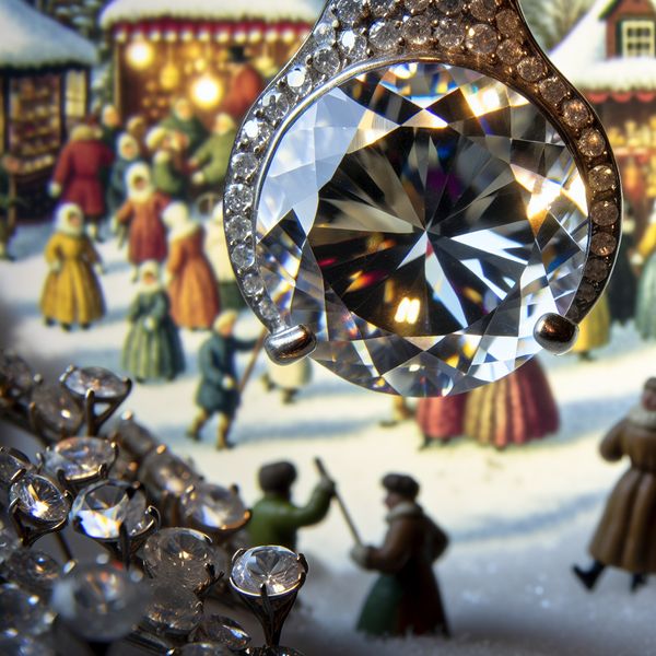 Luxe geslepen diamant ring met fonkelende edelstenen op een juwelenkraam in een levendige winterse scène, geïnspireerd op Hendrick Avercamp