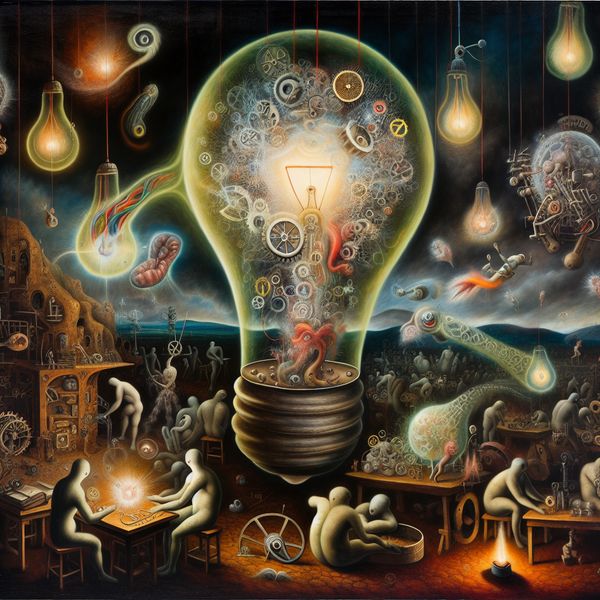 Briljante uitvinding in surrealistisch atelier: symbool van genialiteit en creativiteit Surrealistisch uitvindingenatelier in de stijl van Hieronymus Bosch met een levende gloeilamp vol ideeën en mechanische wezens die geniale uitvindingen bouwen