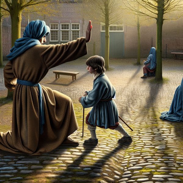 Jonge broer beschermt zijn kleinere broertje op een rustige schoolplein in Vermeer-stijl, symboliserend bescherming tegen gevaar