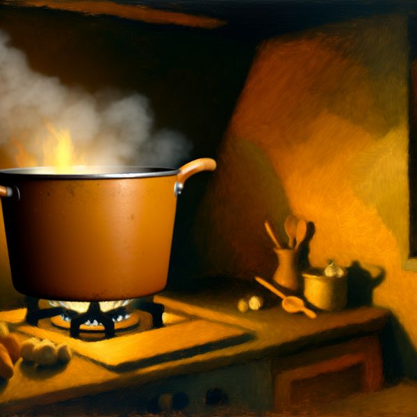 Groot kookpot met stoom op vintage fornuis, omringd door groenten en kruiden in een sfeervolle keuken in aardetinten.