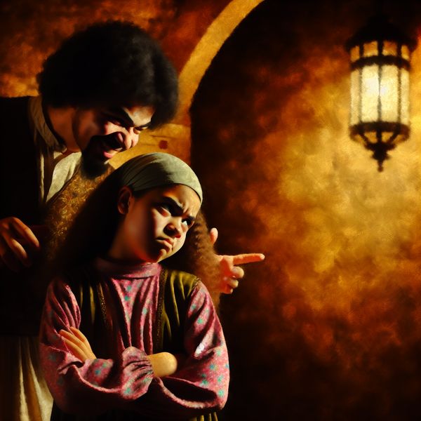 Speelse Plaats in een Rembrandt-achtige Kamer Boodschap van een broer die zijn jongere zus op speelse wijze plaagt in een schemerige kamer.