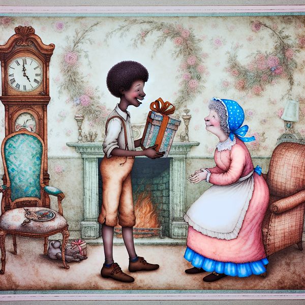 Nostalgische illustratie van een broederlijke band met een hartverwarmend cadeau Een broer ontvangt een hartverwarmend cadeau in een nostalgische, sprookjesachtige interieur, wat hun hechte relatie symboliseert.