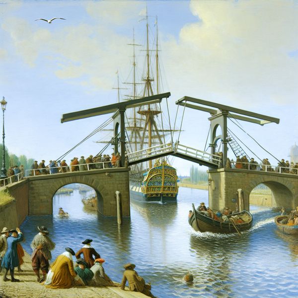 Historische brug over rivier met passerend schip en toeschouwers - schilderijstijl Frans Hals Drukke rivier met geopende brug waar een groot schip onderdoor vaart, omringd door nieuwsgierige toeschouwers in levendige stijl van Frans Hals