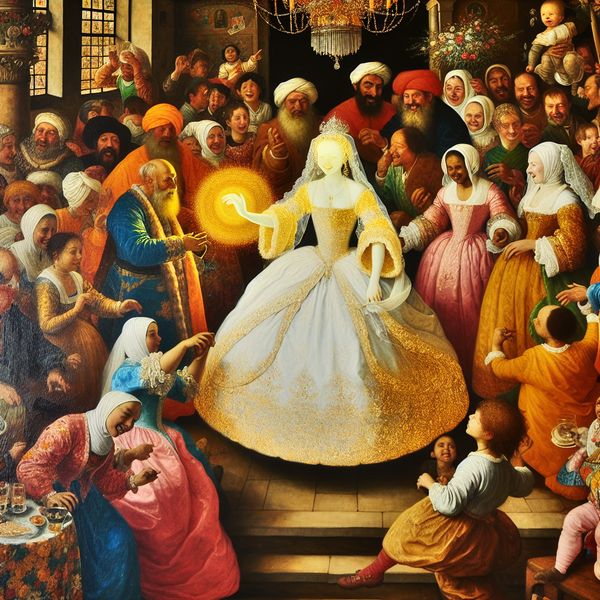 Traditionele bruiloftscène met bruid en gasten in Jan Steen-stijl Bruid in witte trouwjurk omringd door vrolijke gasten tijdens levendige huwelijksceremonie in stijl van Jan Steen